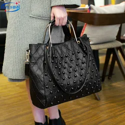 Genuine Leather Women's Handbags 2024 New Fashion Brand Female Soft Black Rivet Bag Large Capacity Shoulder Crossbody Tote Bags