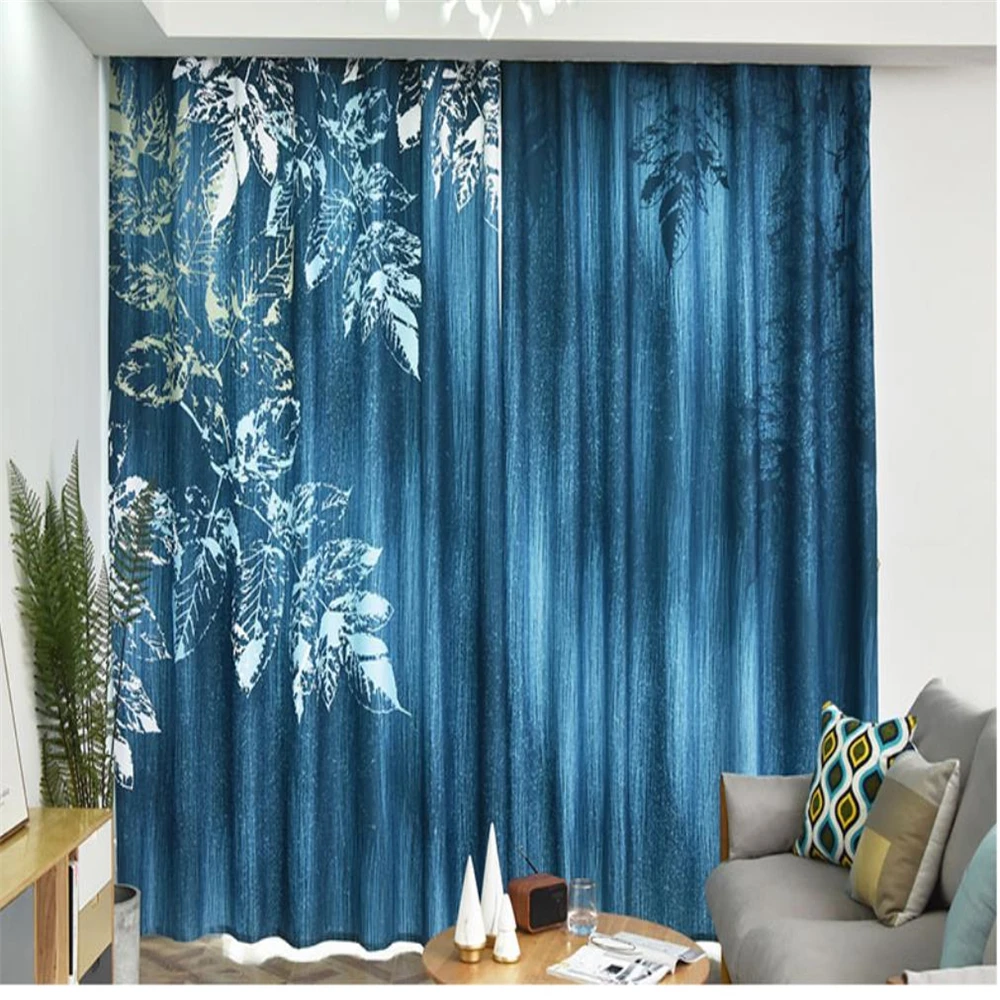 

Blue leaf modern minimalist printing curtains new custom bedroom study bay window blackout curtains