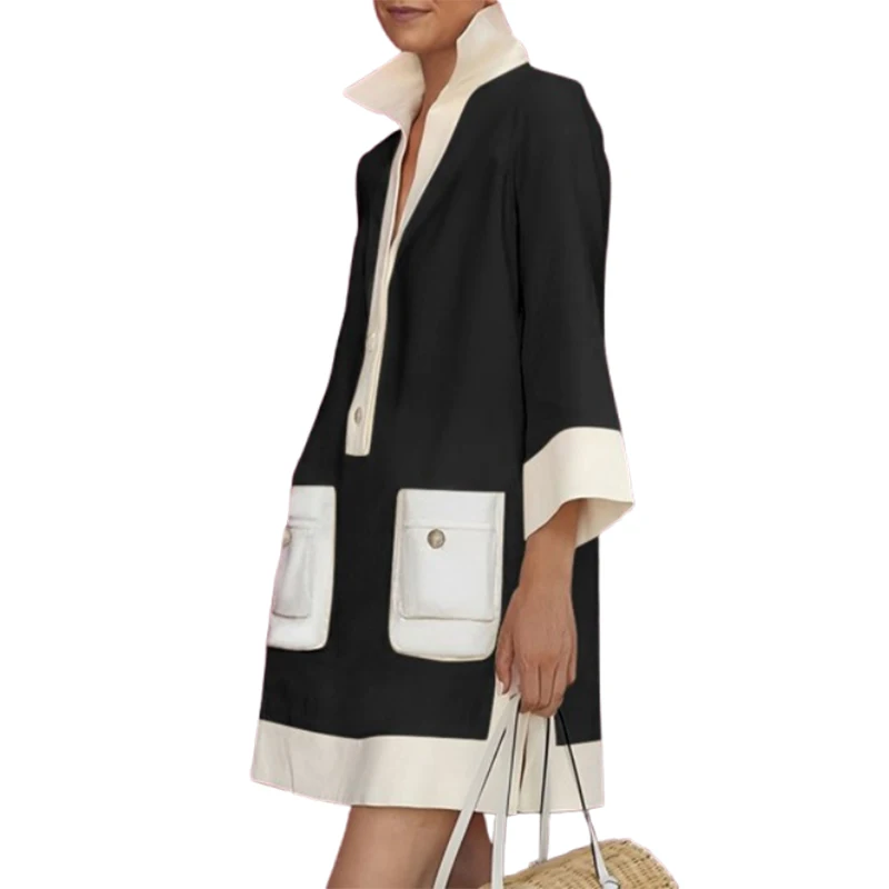 فستان نسائي موضة بألوان متباينة وجيوب وطية صدر السترة 3/4 أكمام فضفاضة بأزرار عصرية غير رسمية أنيقة للمكتب فساتين صغيرة #3