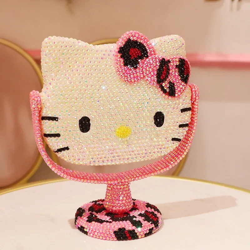 Hello Kitty  Sanrio  Vanity Mirror Cartoon Shiny Rhinestones Beauty Handheld Mirror Diamond Pink Girls Flip Girl Gift