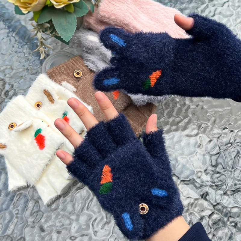 

Women Winter Gloves Knitted Mittens rabbit Fluffy TouchScreen Driving Fingerless Gloves Half Finger Velvet Rabbit Ears Gloves