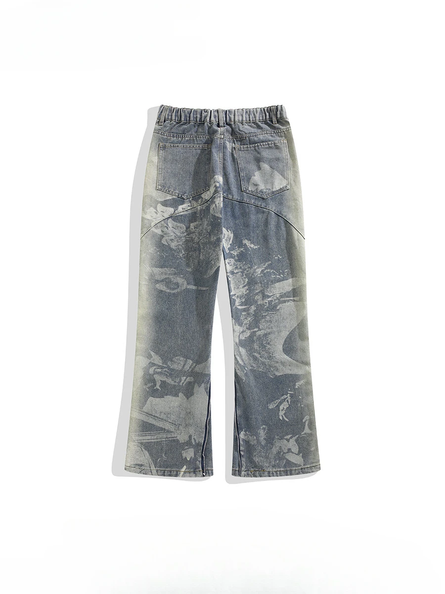 Trendy Brand Street American Personalized Printed Jeans Men's Washed Tie-dye Casual Versatile Micro-flared Wide-leg Denim Pants