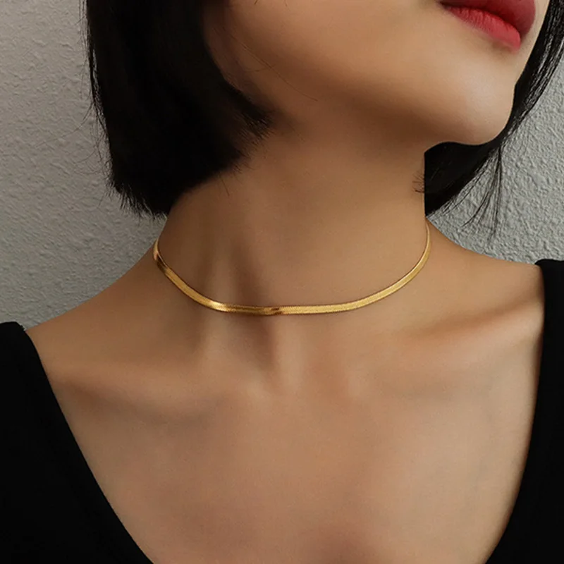 Punk Clavicle Flat Blade Snake Link Choker Necklace Gold Silver Color Fashion Stainless Steel Double Necklace Women Jewelry Gift