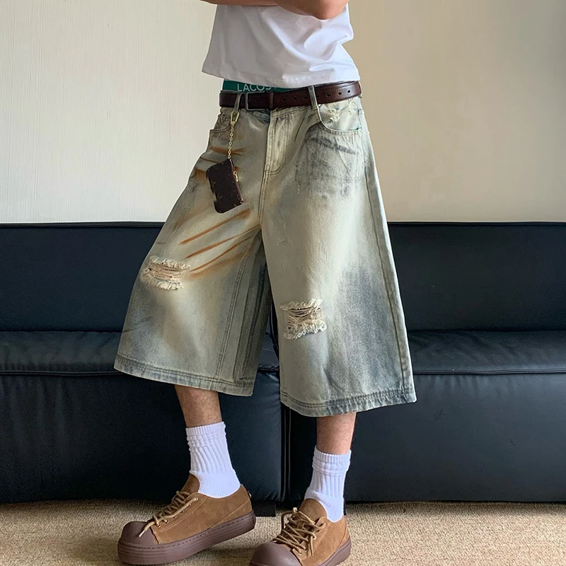 IEFB Mud Dyed Washed Worn Out Hole Straight Denim Pants Summer 2024 Wide Leg Contrast Color Male Shorts Casual 2024 24E1065