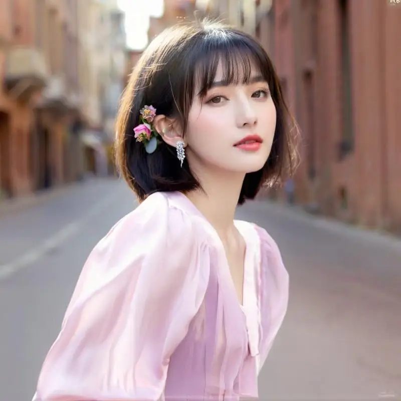 

Natural Short Straight Hair Fashion Influencer Sweet Realistic Human Scalp Top Wig Air Bangs Full Head Wig