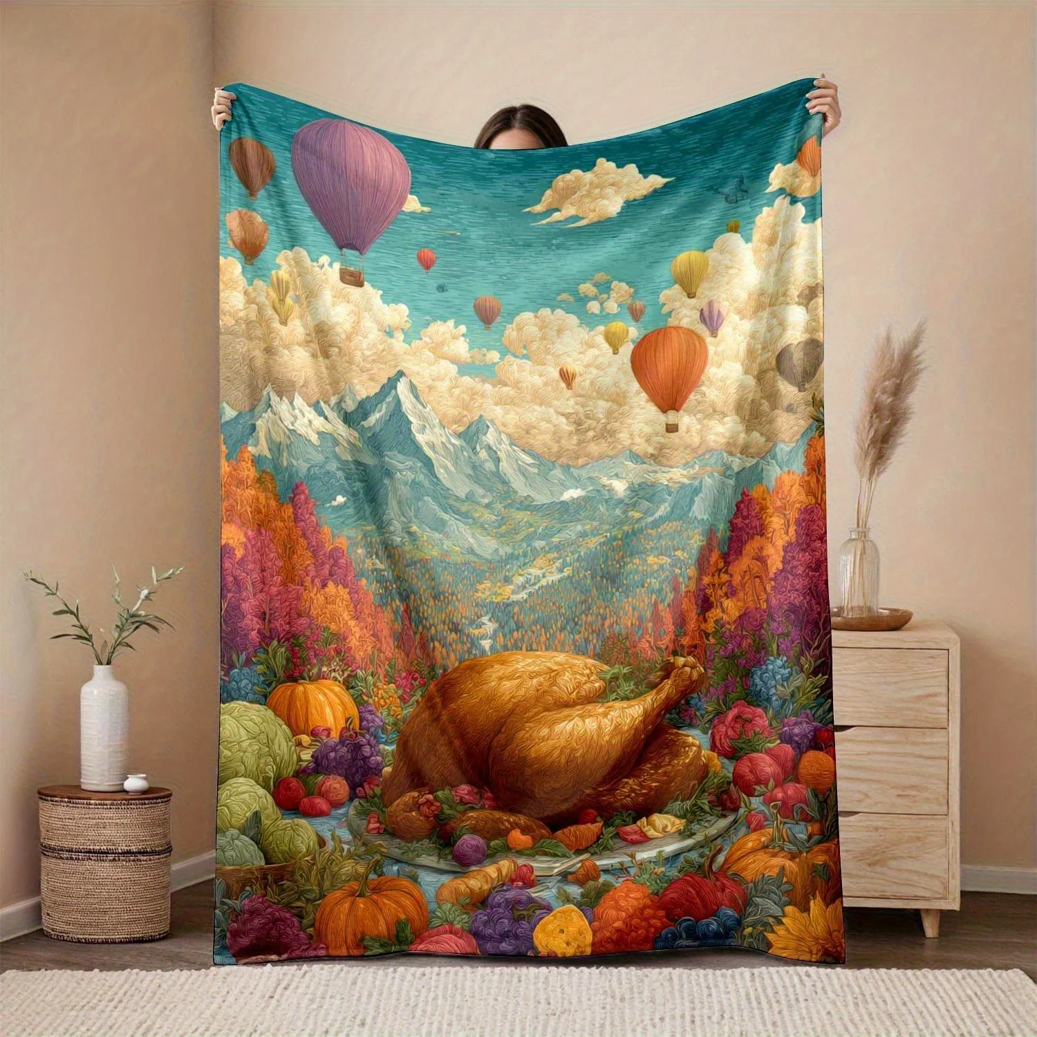 Autumn Harvest Hot Air Balloon Patterned Flannel Blanket Thanksgiving Bedroom Decoration And Accessories