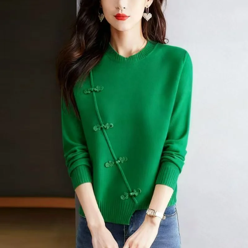 Women's New Stitched Pullover Round Neck Button Fashion Solid Color National Style Long Sleeve Knitted Top
