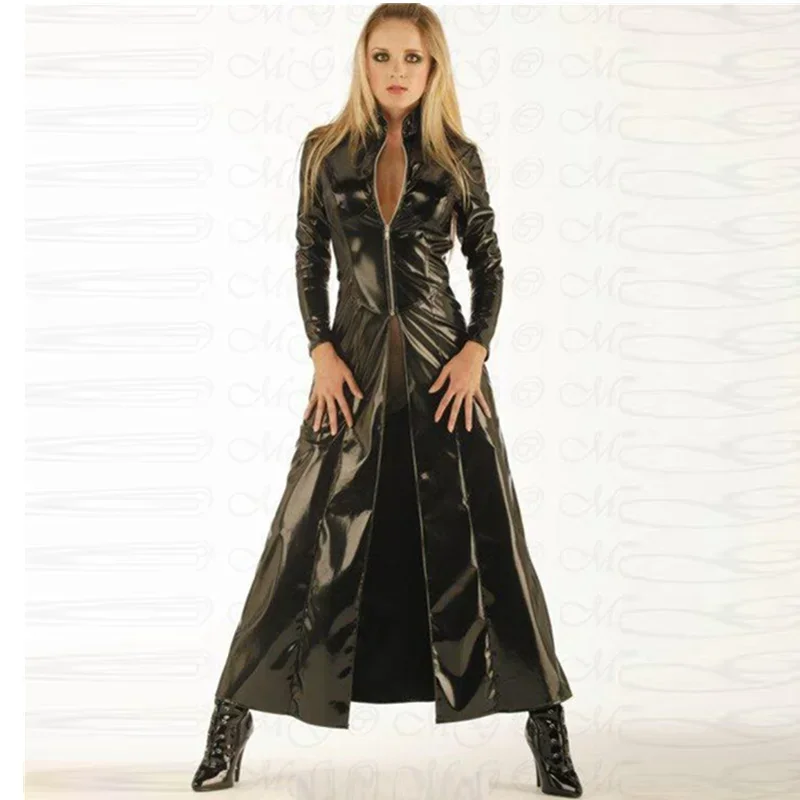 Fashion Sexy Vinyl Clubwear Balck Pvc Faux Leather Long Sleeves Gothic Long Coat For Men Women PU Leather Coat Trench