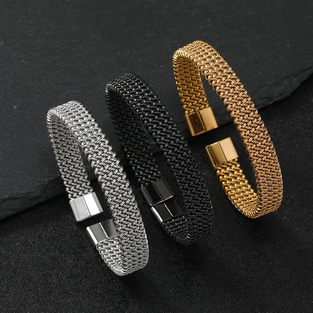 10mm Vintage Stainless Steel Woven Mesh Opening Bracelet for Women Men Trendy Adjustable Cuff Bracelets Waterproof Jewelry