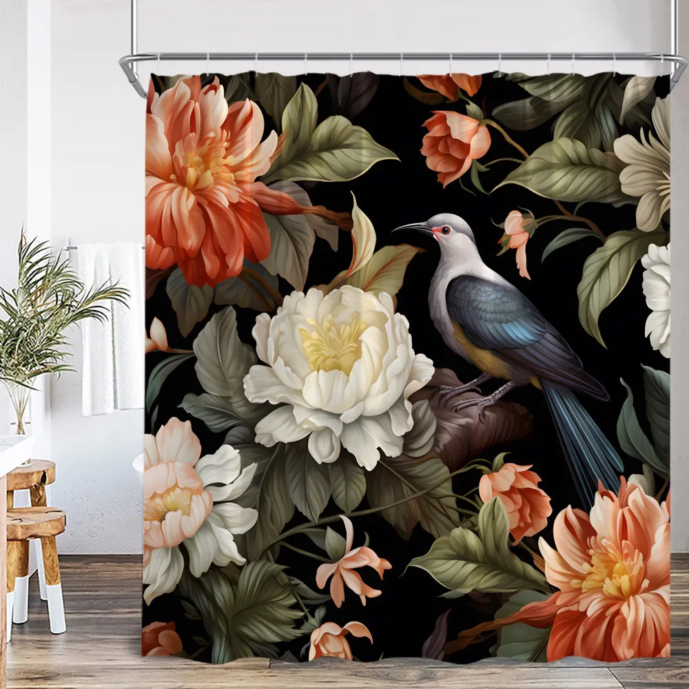 Tropical Leaf Parrots Shower Curtain Boho Vintage Floral Flower Hummingbird Plant Bathroom Decor Animal Print Modern Bath Curtai