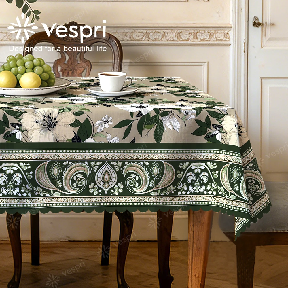 Vespri Frühlingstischdecke mit Blumenmuster, Oster-Pastellfarben mit Weißen und Grünen Blumen, Blättern und Paisley-Muster für Runde, Rechteckige und Ovale Tische