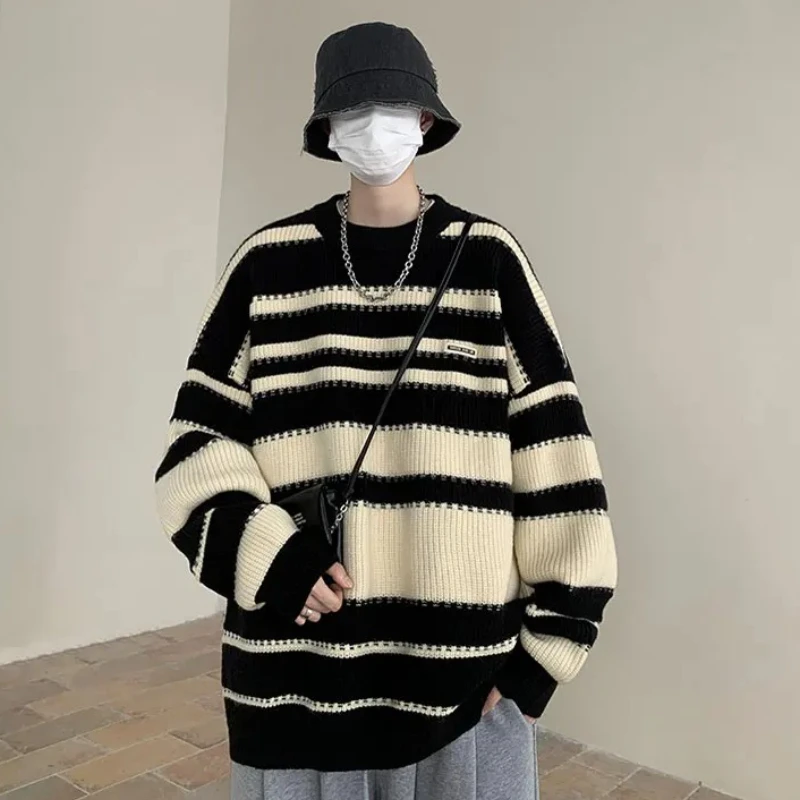 

Мужской роскошный вязаный пуловер, свитер, осень-зима, повседневные свитера с длинными рукавами и контрастной цветной полоской, винтажная корейская мужская одежда