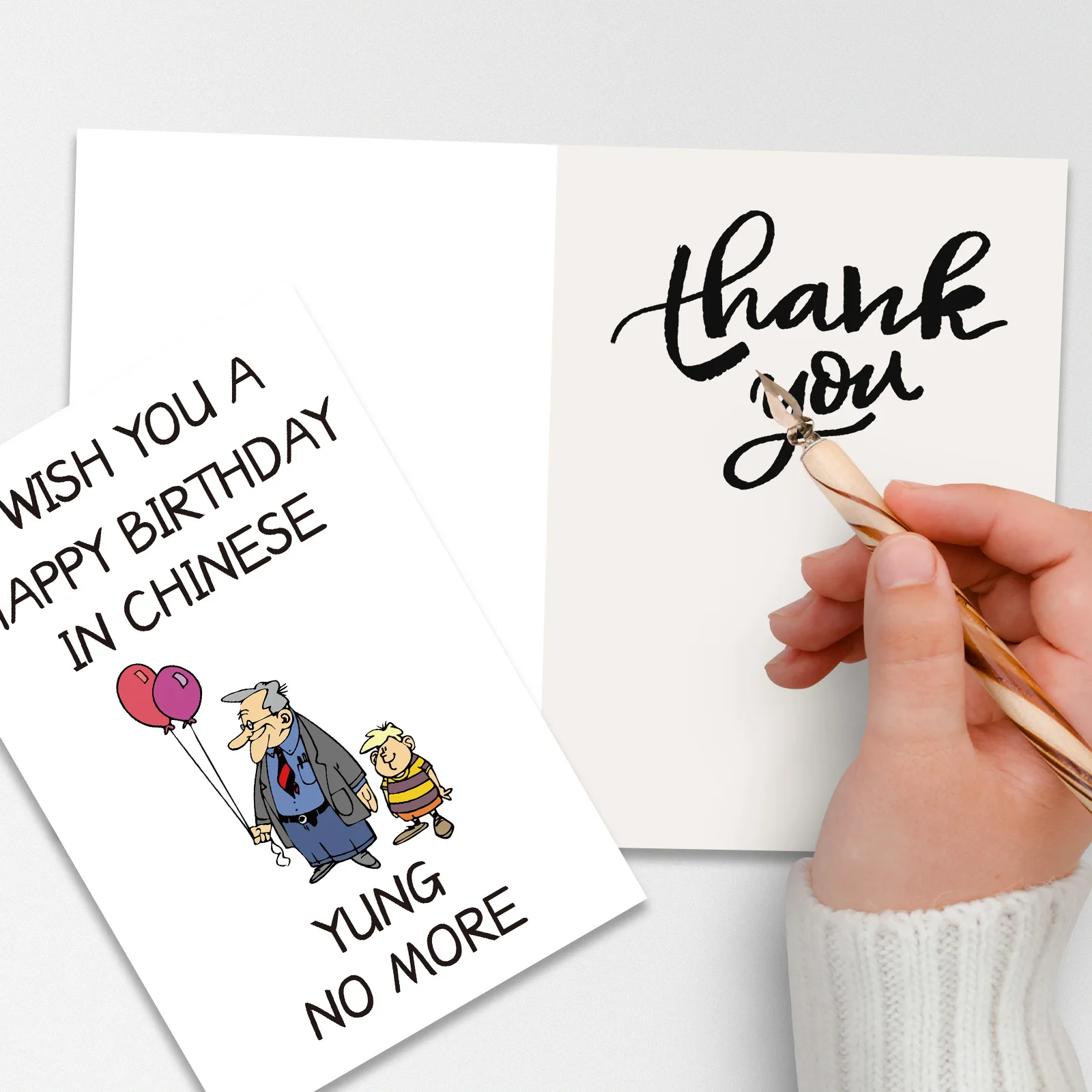 Creative funny birthday greeting card "Never Again Young" - a humorous card with a pun-based message of good wishes. A surprise - view 2