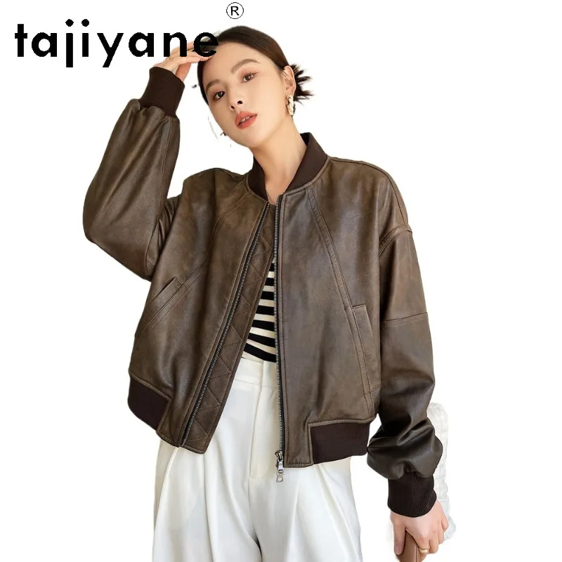 TAJIYANE Vintage Sheepskin Genuine Leather Jacket Women Chic Baseball Coat Cropped Jackets for Woman Loose Leather Jaqueta Brown