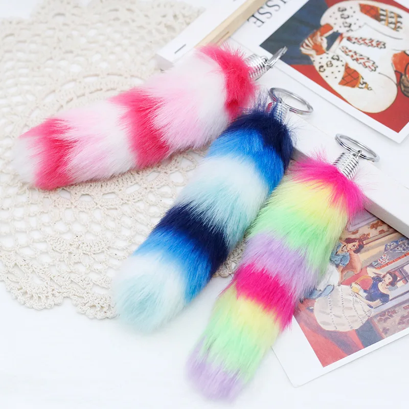 التدرج اللون رقيق الفراء الذيل المفاتيح الكريات شرابة حقيبة قلادة النساء الفتيات لطيف أفخم الحيوان الذيل Keyrings حامل السحر Gif