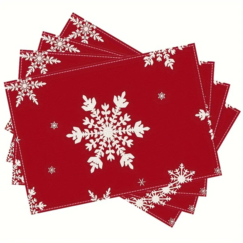 VIKAMA Christmas Linen Placemat, Red White Snowflakes Stitched Border, Machine Washable Heat Resistant, Holiday Dinner