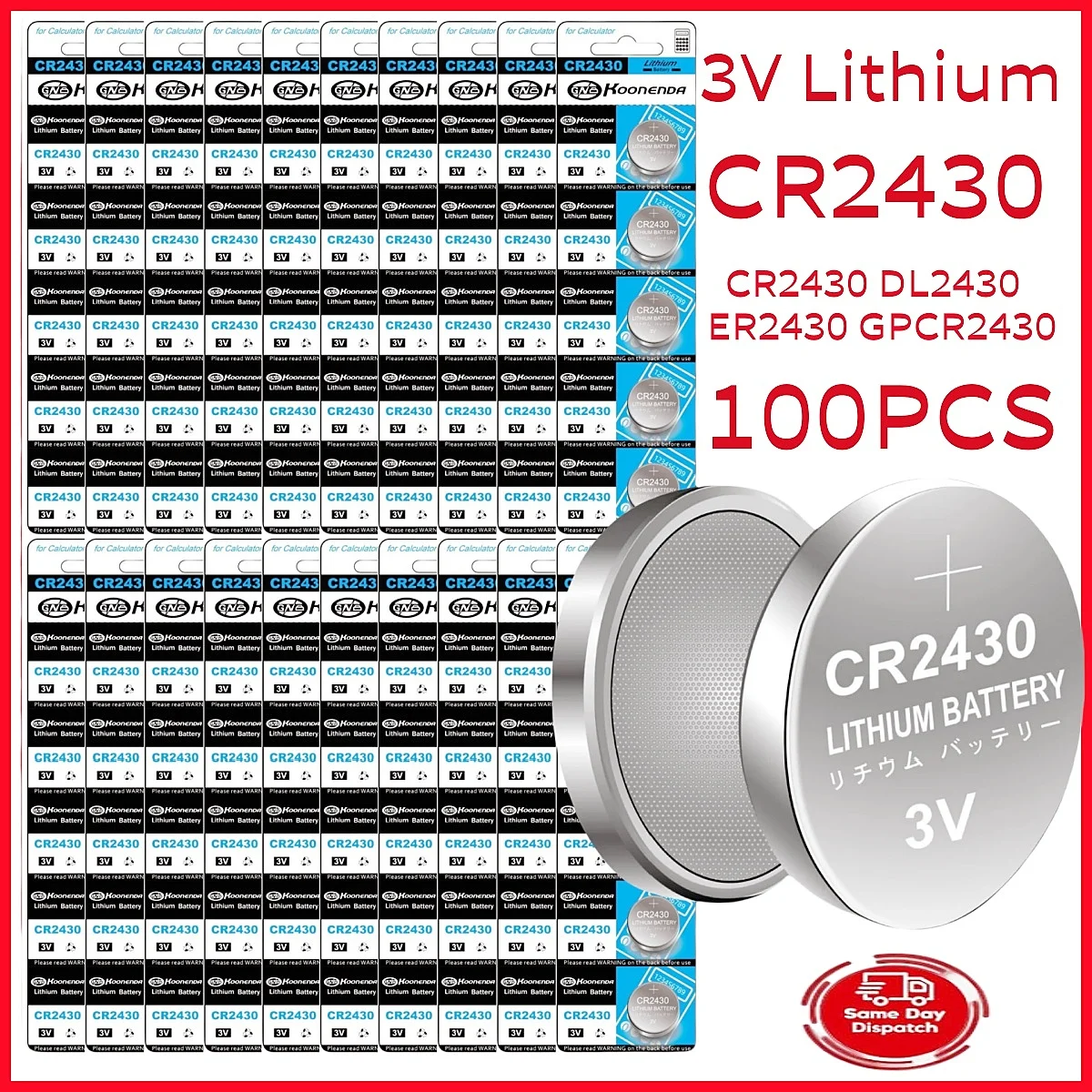 

100pcs CR2430 3V Lithium Battery CR 2430 DL2430 BR2430 Button Coin Batteries for Key Fob Watch Alarm Clock Remote Control