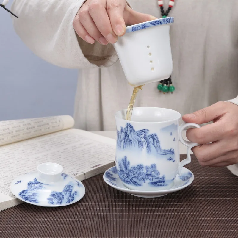 

Chinese Porcelain Tea Mug-4 PCS Kit Handmade Ceramic Kung Fu Tea Cup with Strainer Infuser For Home Office Kitchen