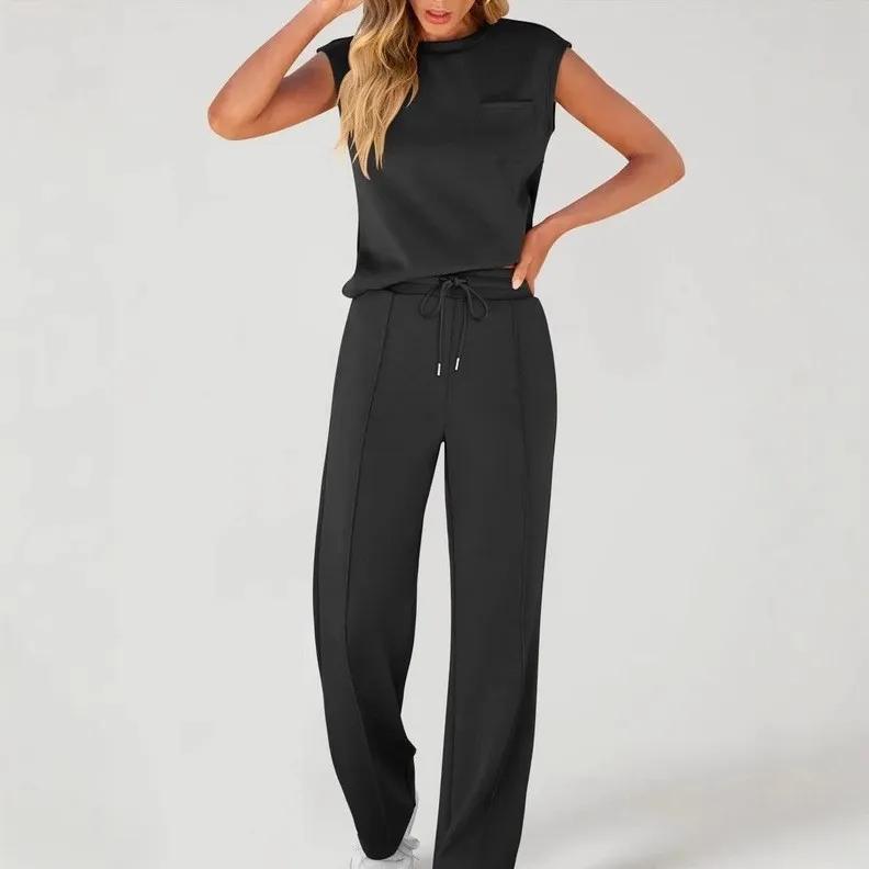 

Conjunto Deportivo Mujer Sleeveless Vest Pocket Top Wide Leg Drawstring Trousers Two Piece Set Women's Commuter Athleisure Suit