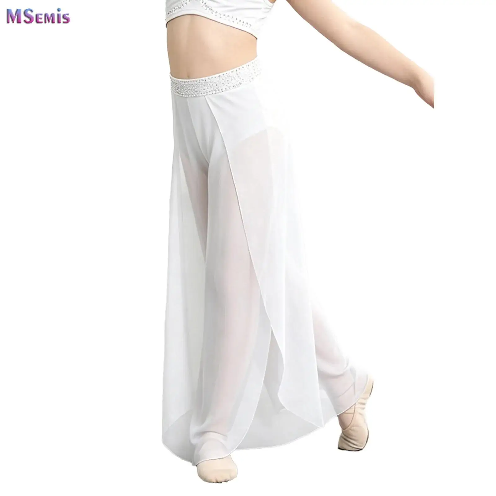 

Kids Girls Lyrical Dance Pants Rhinestone Waistband Wide-Leg Mesh Pants with Built-in Briefs for Modern Contemporary Dancewear