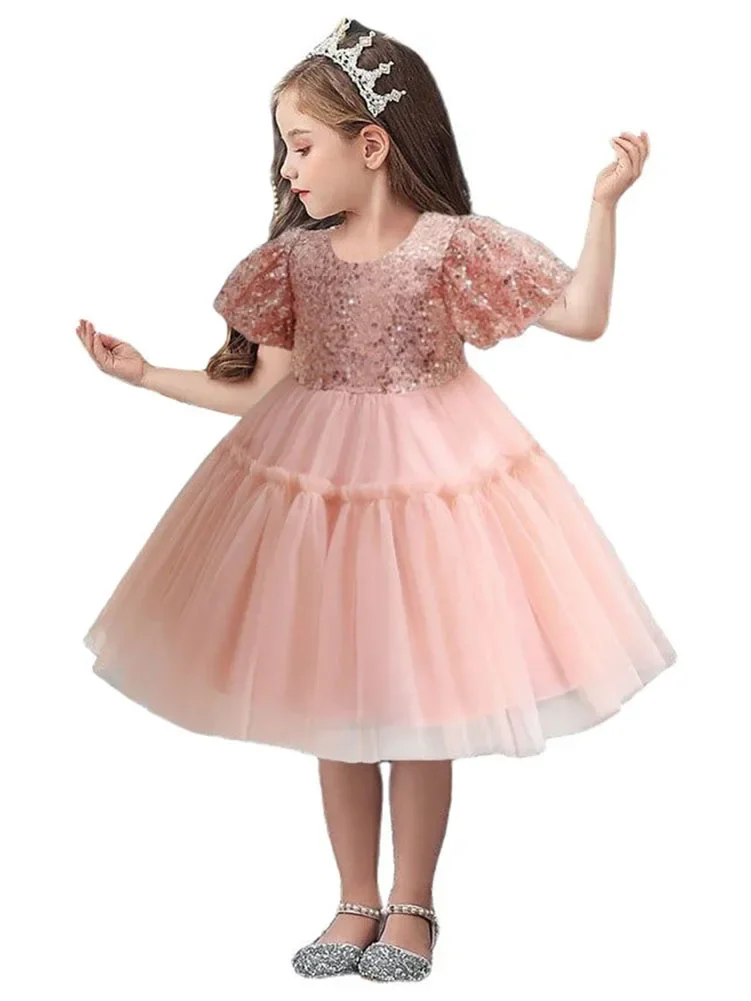 Sequins Flower Girl Dresses For Wedding With Bowknot Jewel Neck Puff Sleeves First Communion Dress Midi Length Girls Party Gowns