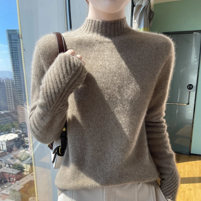 Autumn and winter new 100% pure wool padded women's semi-turtle neck loose fashion solid color cashmere sweater.