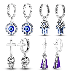 Original 925 Sterling Silver Hand of Fatima Blue Eye of Evil Hoop Earrings Cross Eardrop Earrings For Women Gift