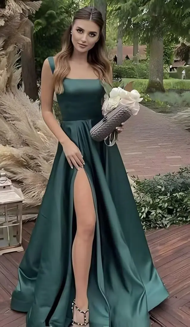 Vestido de fiesta de satén con tirantes finos para mujer, vestido de dama de honor de noche plisado con abertura lateral y bolsillos para ocasiones formales