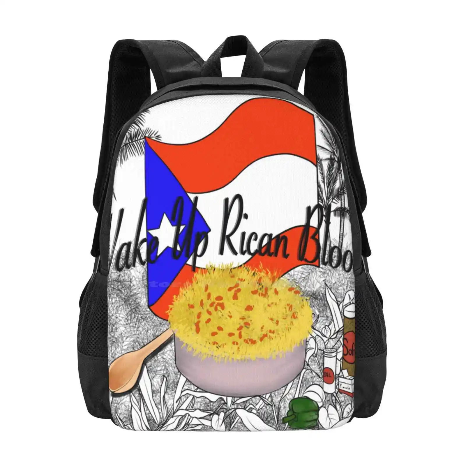 Wake Up Rican Blood Hot Sale Schoolbag Backpack Fashion Bags Arroz Rice Beans Flag Palm Trees Isla