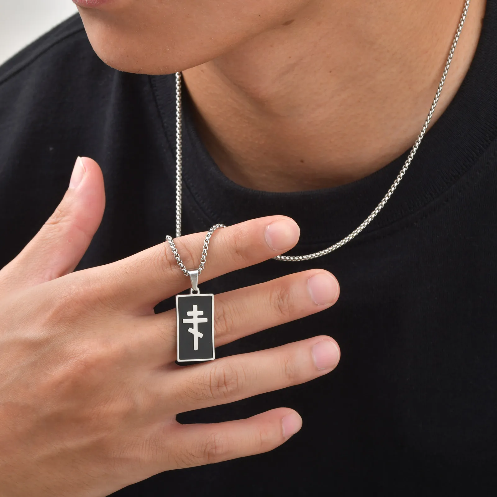 Enamel Orthodox Pendant Necklace for Men,Stainless Steel Square Pendant Necklace,Religious Jewelry Gift