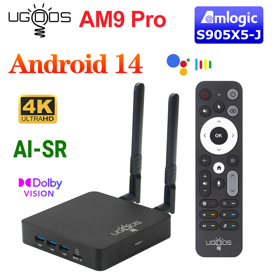 UGOOS AM9 Pro Amlogic S905X5-J TV BOX Android 14 LPDDR5 4G64G Supoprt AI-SR, 4K HDR WiFi6 BT5.2 1000M with BT Voice Remote