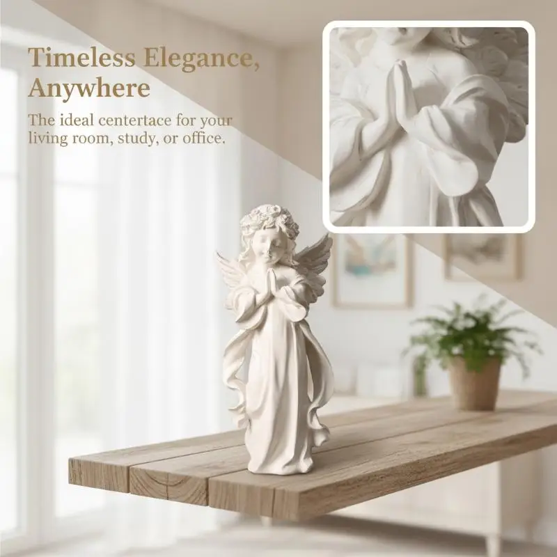 White Resin Praying Angel Figurine with Wings Floral Crown Elegant Desktop Shelf Ornament for Home Living Room Decor