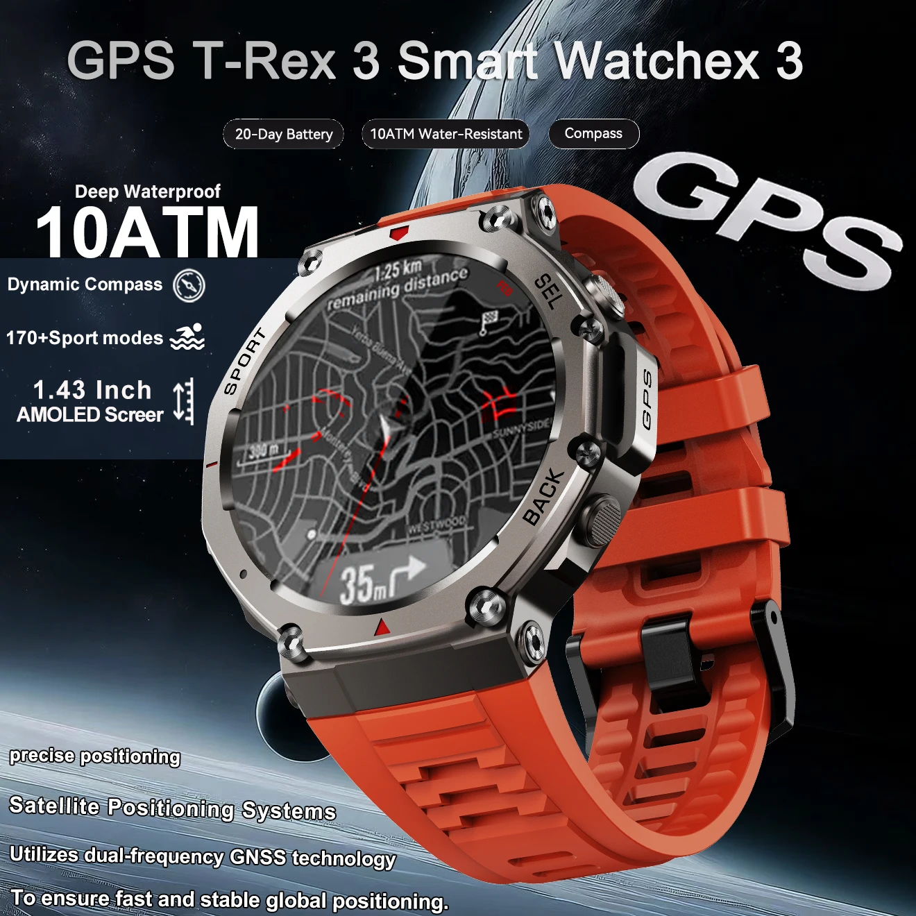 

2025 New T-Rex 3 Military Smart Watch Bulit-in GPS Dual-Band Compass Altimeter 5ATM Water-Resistant Sport Fitness Smart watch