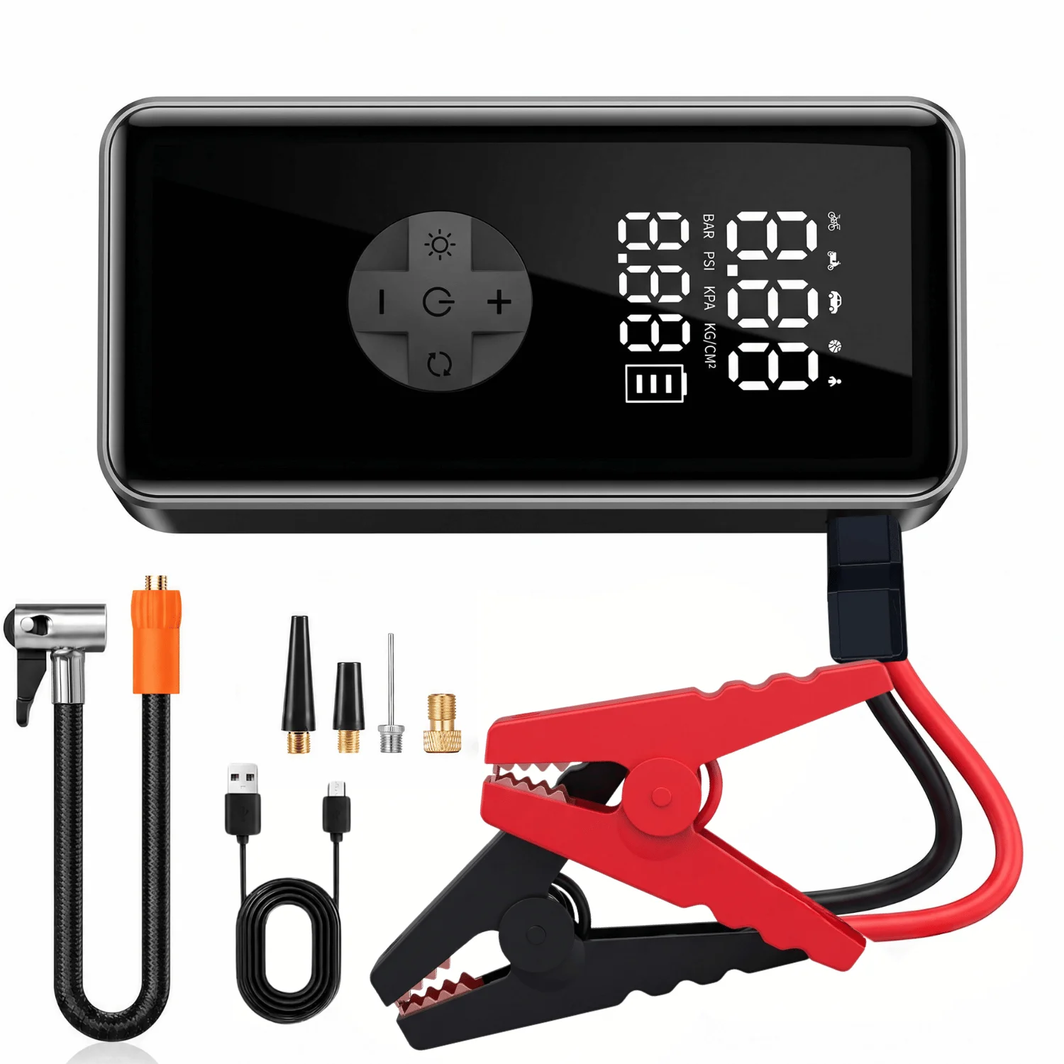 Portable Jump Starter - 4000A ジャンプスターター（タイヤ空気入れ機能付き）、スマートジャンパークランプを備えたポータブルカーバッテリーブースター。最大5.0Lガソリンエンジン、3.0Lディーゼルエンジンに対応。12Vジャンプボックス、エアコンプレッサー内蔵、デジタルタイヤポンプ、車やSUV用のモバイルバッテリー。
