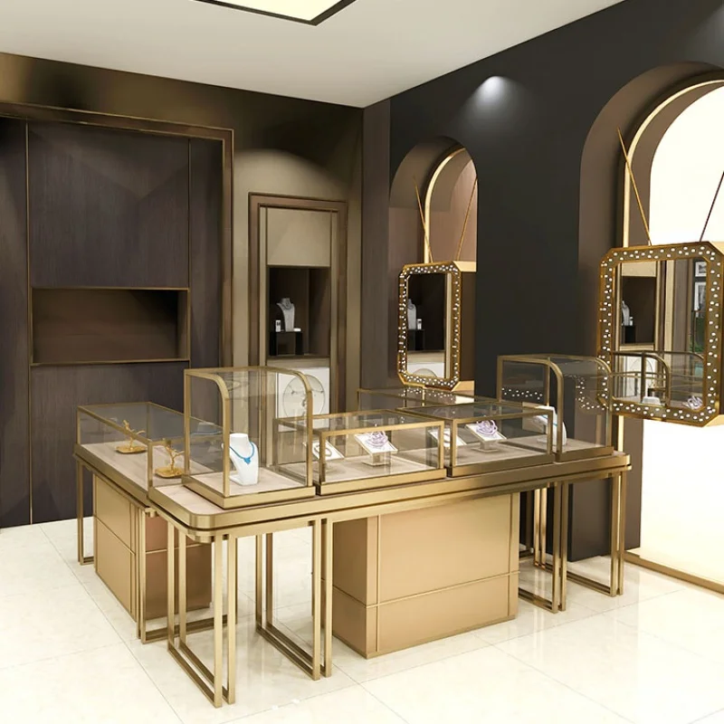 Customized Jewelry Store Display Cabinet for Gold Shop, Design de Interiores, Redondo, Quadrado, Canto, Vitrine de Vidro, Ornamentos para Gold Shop