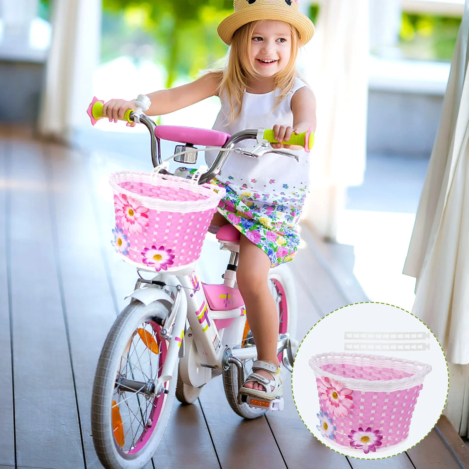 

Kids Bike Basket For Children'S Bicycle Front Handlebar Storage Flower Pattern Plastic Detachable Basket For Scooter Micro