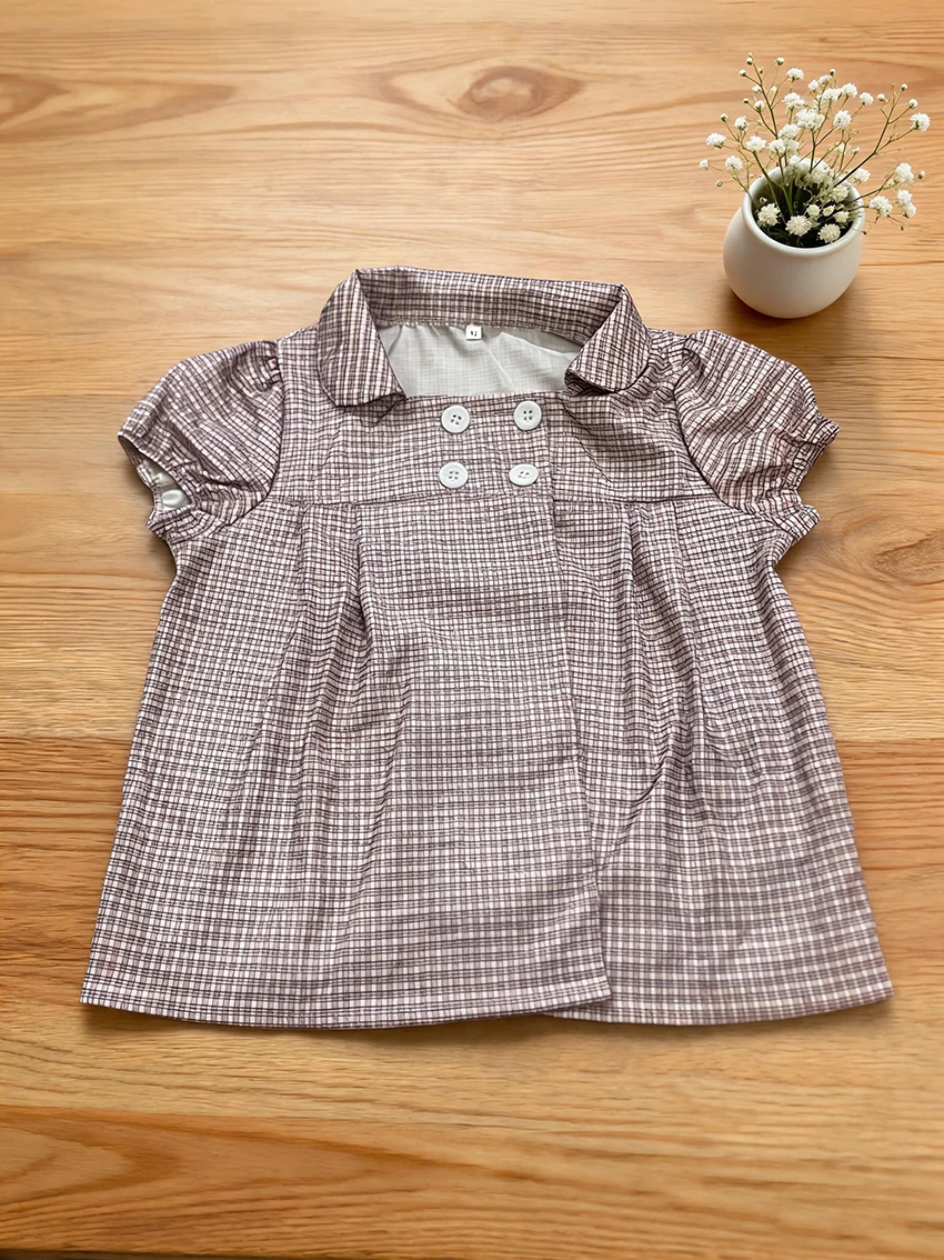 Women Gingham Plaid Blouse Peter Pan Collar Puff Short Sleeve Double Breasted Buttons Cropped Shirt Y2K Vintage Sweet Casual Top