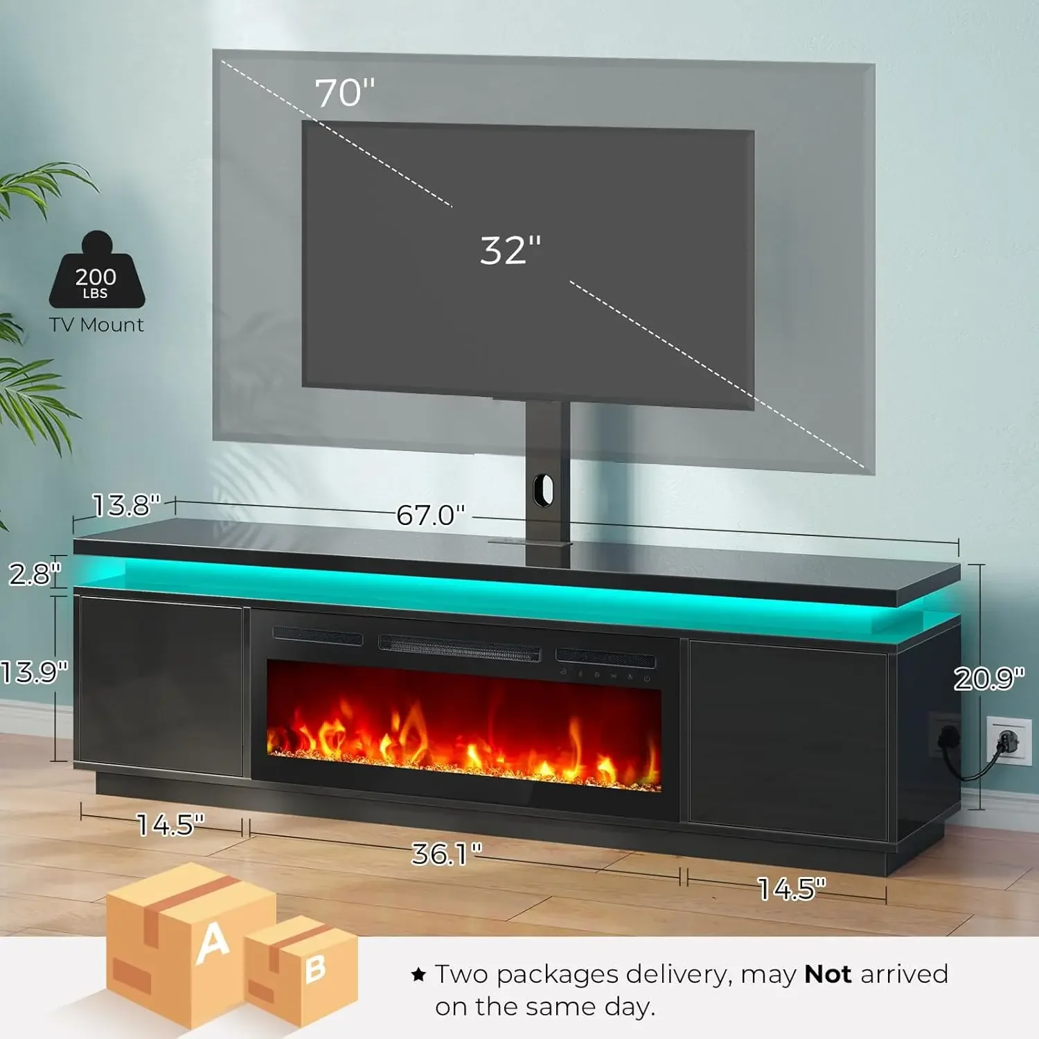 Kamin-TV-Ständer mit LED-Leuchten und Steckdosen, TV-Ständer mit elektrischem Kamin, schwarzes Entertainment-Center für 45er Jahre