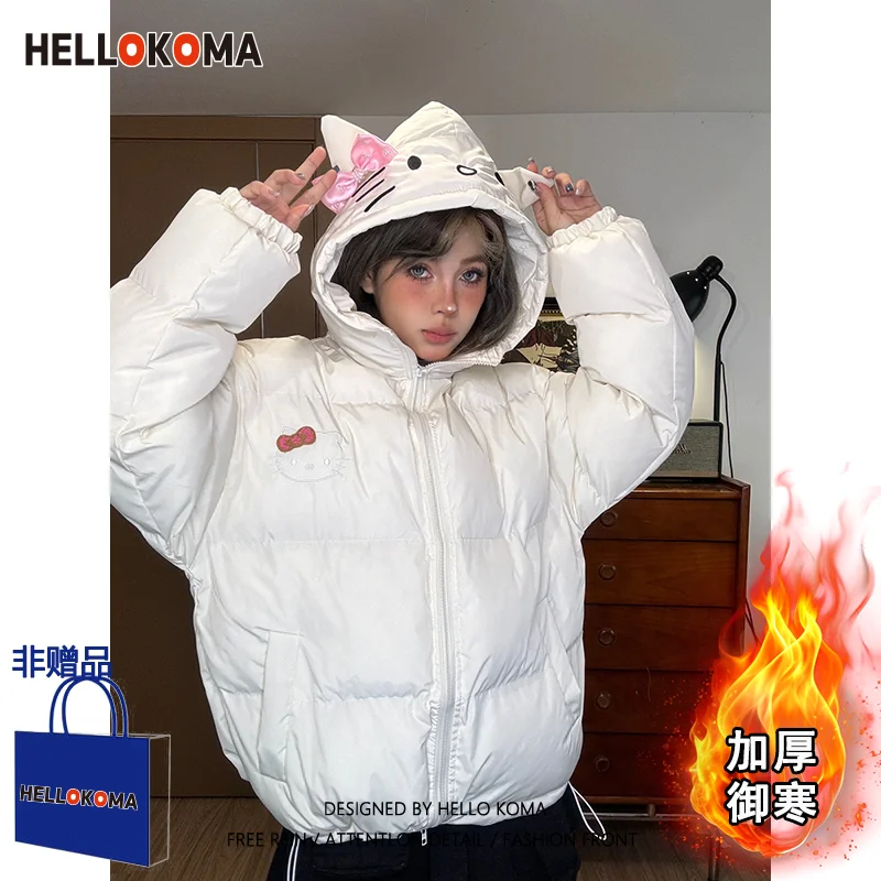 New Sanrio Hello Kitty Kawaii Hooded Bakery Clothes Women\'s Bow Loose Warm Sportswear Cute Sweet Winter Jacket Gift Wholesale