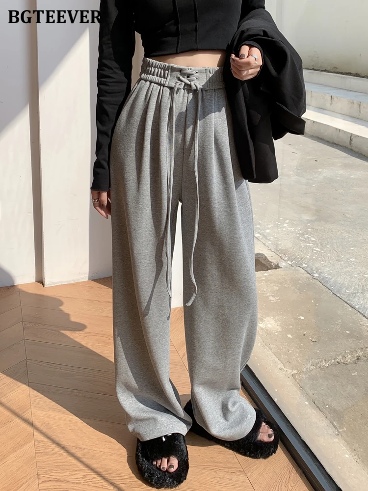 

BGTEEVER Casual Loose Female Drawstring Wide Leg Trousers Spring Autumn Elastic Waist Women Floor-Length Sweatpants