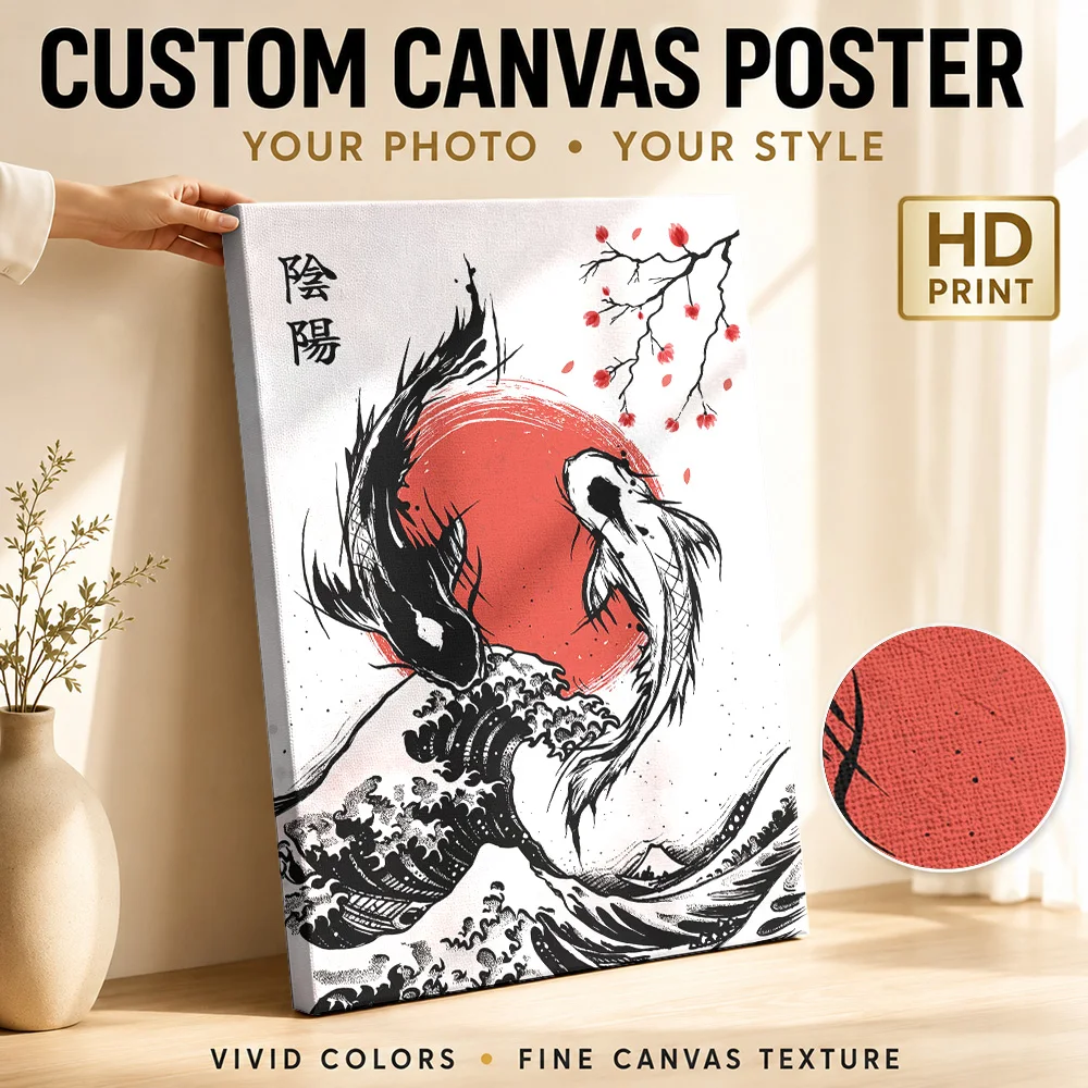 Koi Fish Great Wave Framed Canvas Poster Custom Japanese Inspired Canvas Wall Art for Office Decor Ready to Hang Gift for Fans
