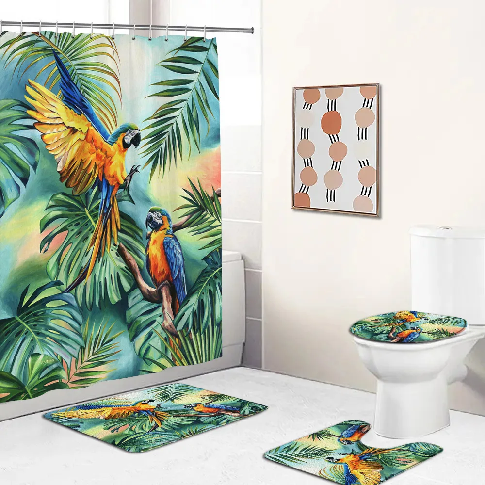 Parrot Shower Curtain Set Tropical Jungle Rainforest Watercolor Bird Palm Leaf Branch Flower Floral Bathroom Decor Bath Curtain