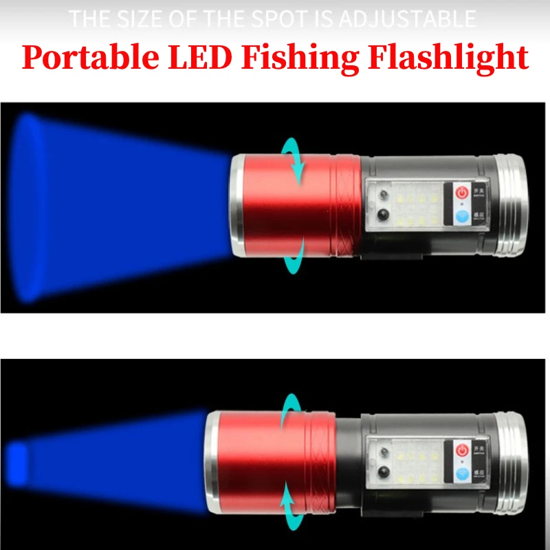 Portable LED Fishing Flashlight Torch Blue Ultraviolet White Yellow Light Waterproof USB Rechargeable Camping Lamp with Bracket