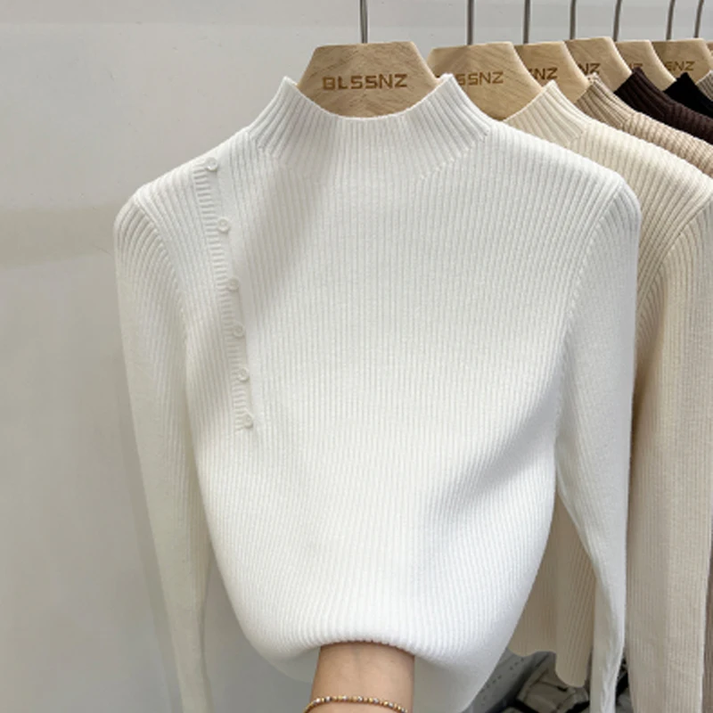 2024 Autumn/Winter New Fashionable Sweater Elegant White Slim Fit Inner Bottom Sweater Casual Button Knitted Pullover Tops