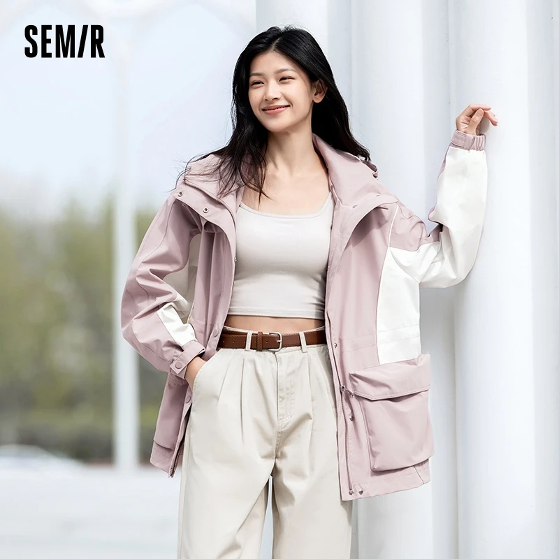 Semir Jacket Women Mid-Length Color Block Three-Proof Jacket 2024 New Autumn Cool Loose Hooded Top