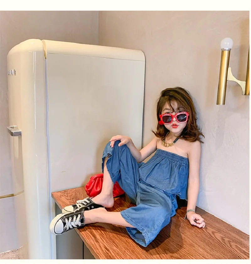 2026 Summer Fashion Baby Girls Cotton Blue Cropped Elastic Ruffled Strapless Tops + Loose Pant Sets Kids 2 Pieces Outfits