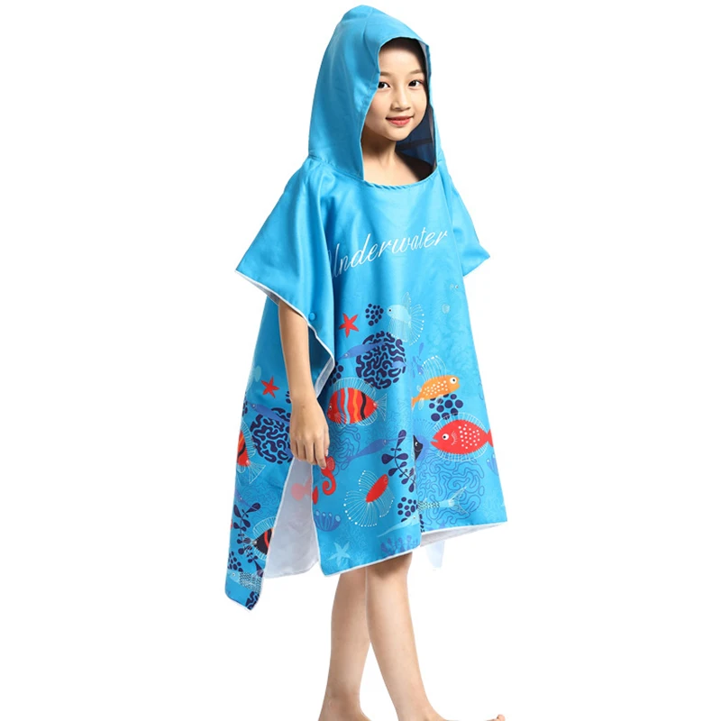 Children Beach Towel Microfiber Bathrobe Poncho Hooded Absorbent Quick Drying Easy For Changing Cloth Underwater World