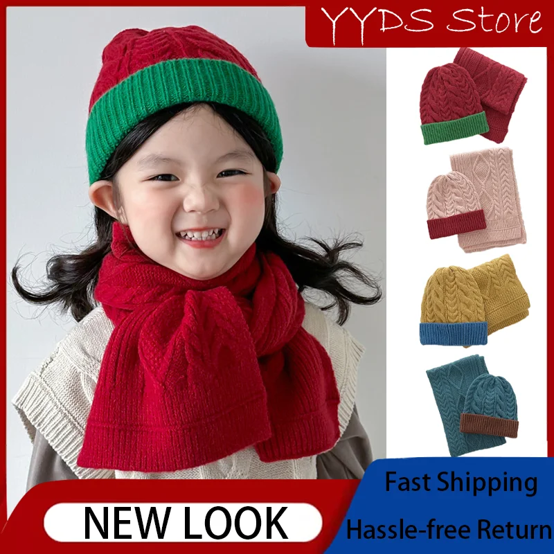 Child Solid Color Hat Scarf Two-piece Set 8 Words Thickened Warm Contrast Woolen Scarves Boys and Girls Twist Hat