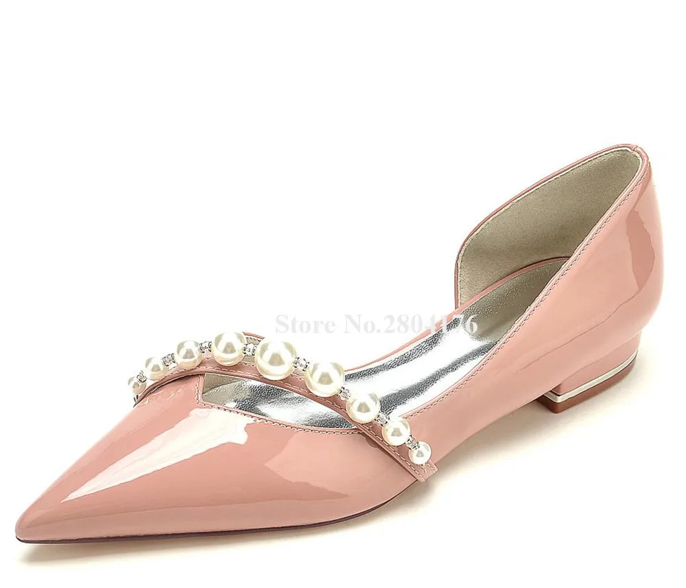 

Bling Bling White Pearls Decorated Thick Heel Pumps Pointed Toe Wine Red Black White Flat Low Heel Shoes Slip-on Heels