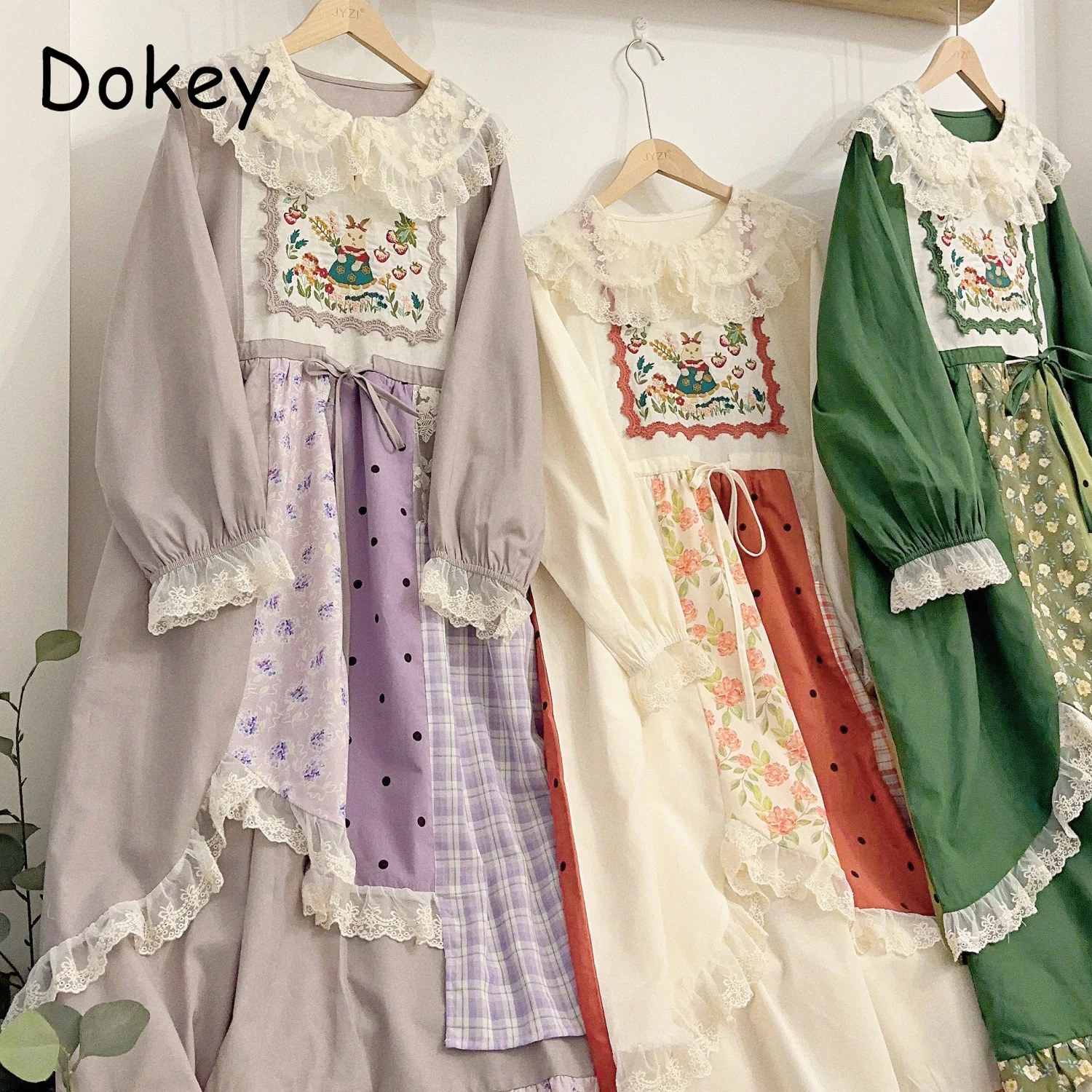 Vintage Embroidery Patchwork Dress Women Spring Japanese Mori Girl Peter Pan Collar Lolita Dress Lace Ruffled Mid Vestido Robe